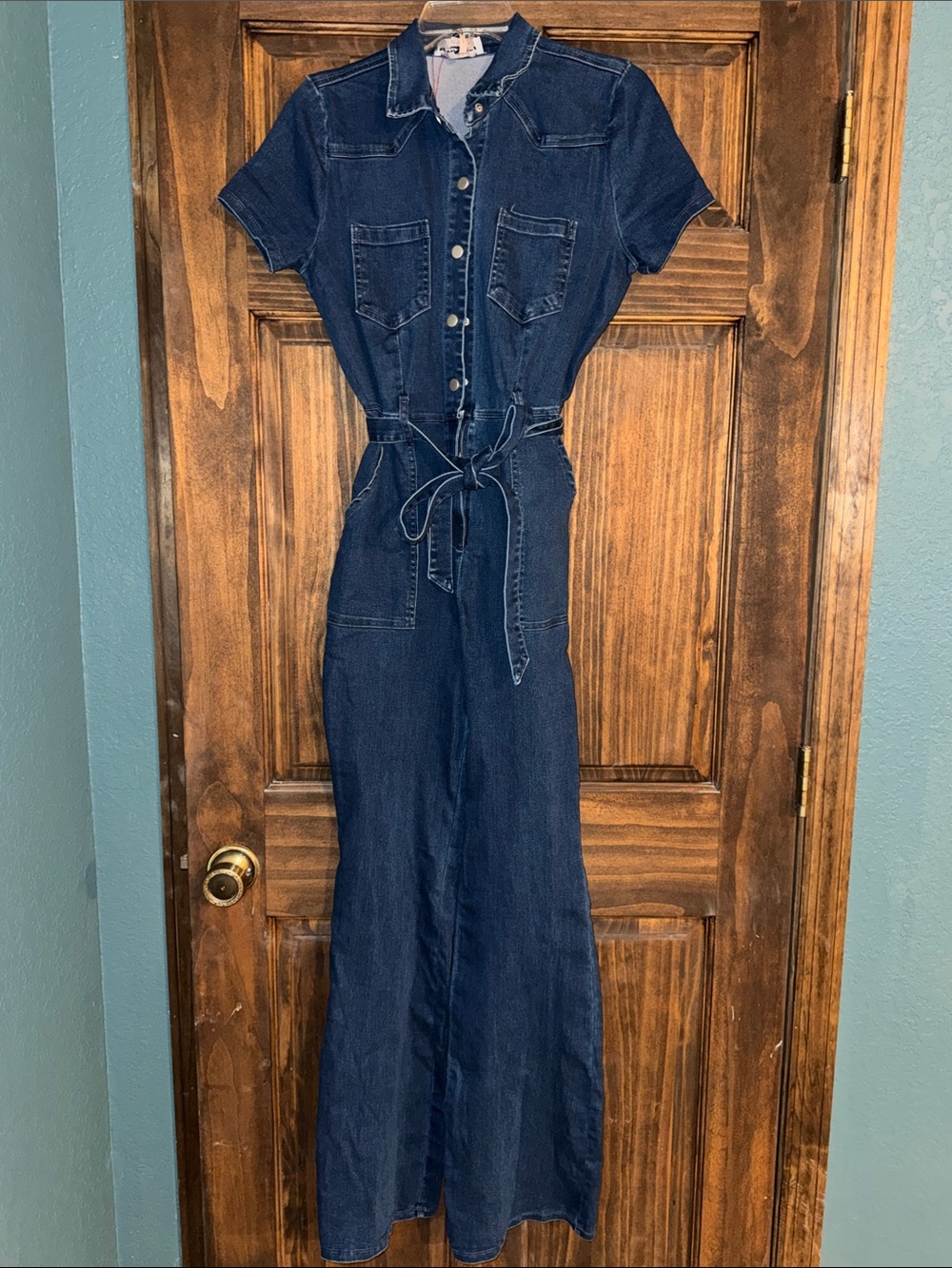 Dark Blue Denim Jumpsuit with Waist Tie